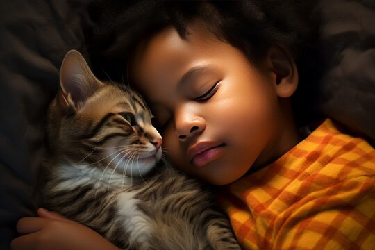 A little black African American curly-haired boy in pajamas sleeping next to a black fluffy kitten in bed. Living together with pets.