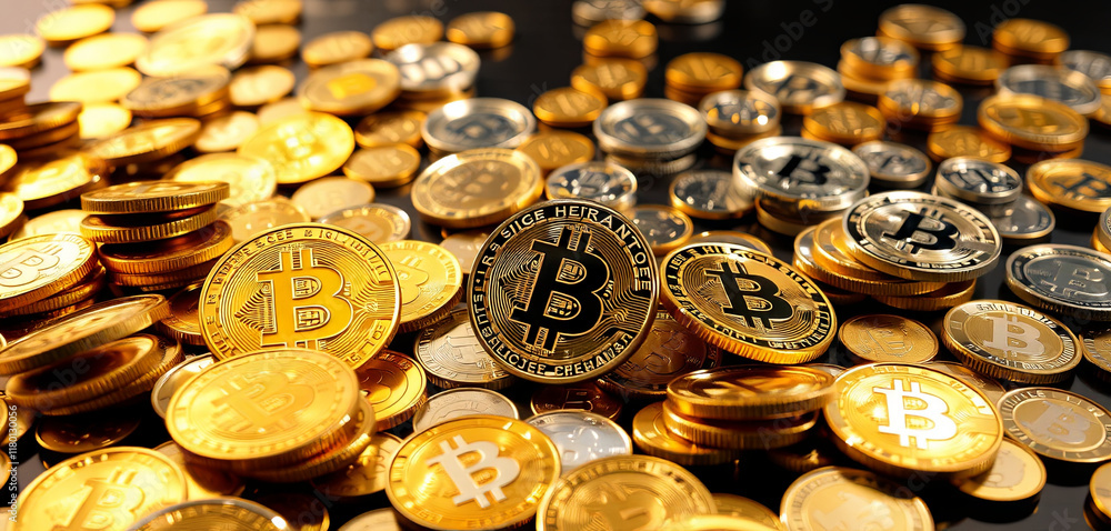 Poster an array of various cryptocurrency coins is spread across a shiny surface, showcasing the difference