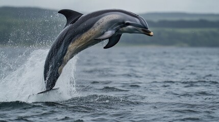 Obraz premium A dolphin breaking surface tension in the ocean