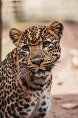 Naklejka premium Close-up shot of a leopard's face with a blurred background, great for wildlife and animal-themed projects