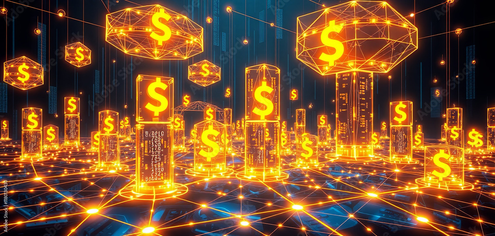 Poster bright dollar symbols illuminate a network of glowing geometric shapes, symbolizing digital currency