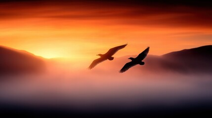 Naklejka premium A couple of birds flying in the sky at sunset