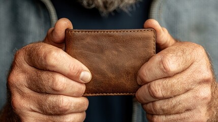 A man holding a brown leather wallet in his hands