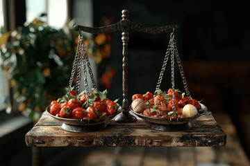 Balancing fresh produce against world hunger food justice scales indoor setting close-up view sustainable concepts