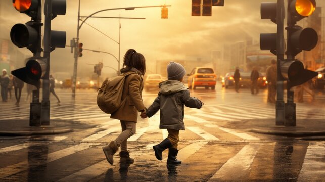Two school children cross the road on a zebra crossing. Two girls in bright clothes cross the road at a pedestrian crossing. Safety of pedestrian crossings. Child safety on the roads