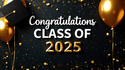 Text "Congratulations class of 2025" written in chalk on a blackboard with graduation hat with tessel and gold confetti and air balloons. Theme of graduation concept