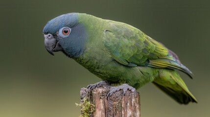 Obraz premium A green parrot sitting on top of a wooden post