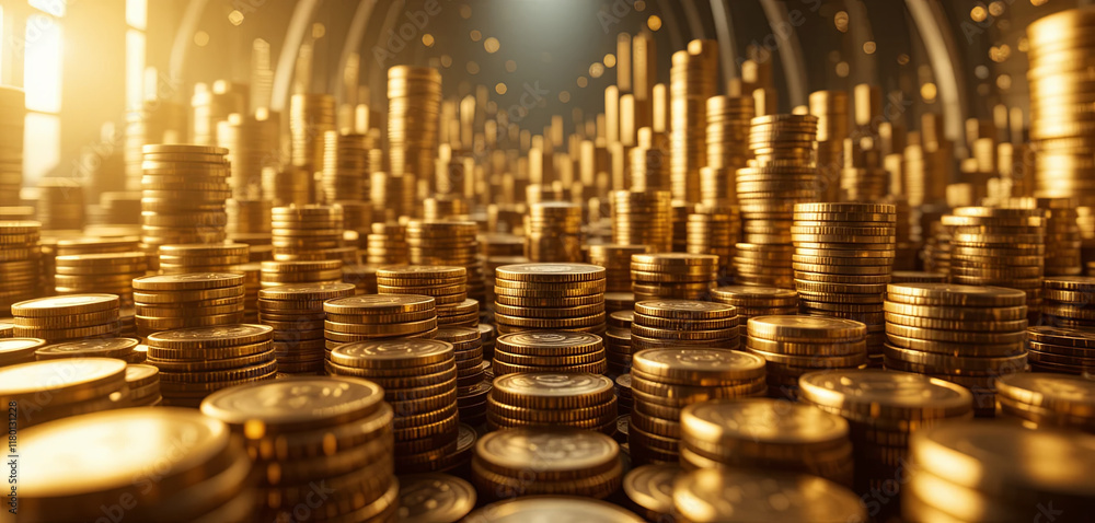 Aufkleber a vast collection of golden coins arranged in towering stacks glimmers in warm light, creating a ric