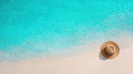 Obraz premium A straw hat sitting on top of a beach next to the ocean