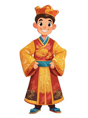 Cartoon Chinese Man in Traditional Attire, Cartoon Illustration Chinese Man Wearing Traditional Dress, Traditional Chinese Man in Cartoon Style, cute asian character 