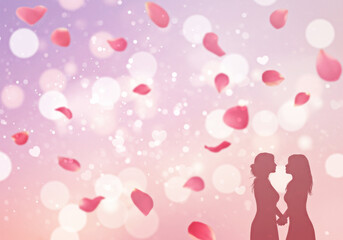 Obraz premium Romantic Silhouettes with Falling Petals and Heart Bokeh - Elegant Love-Themed Background