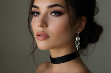 Models wear natural makeup with shimmery highlighter and sexy lips, looking naturally beautiful with advertising space for cosmetics and jewelry.