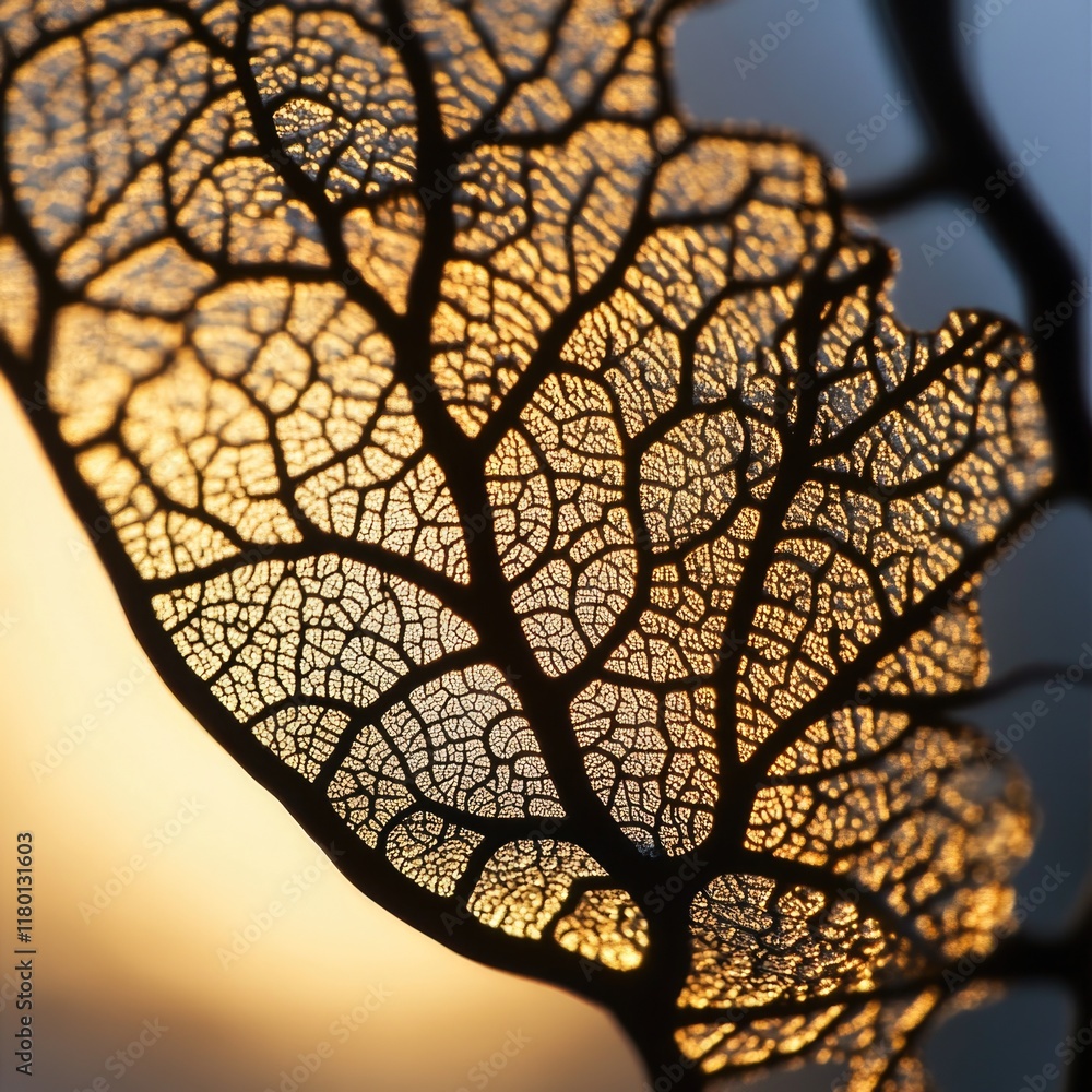 Poster a close-up of a single leaf with the warm glow of the sun behind it