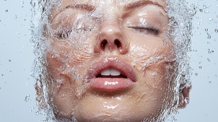  A woman's face is covered in water
