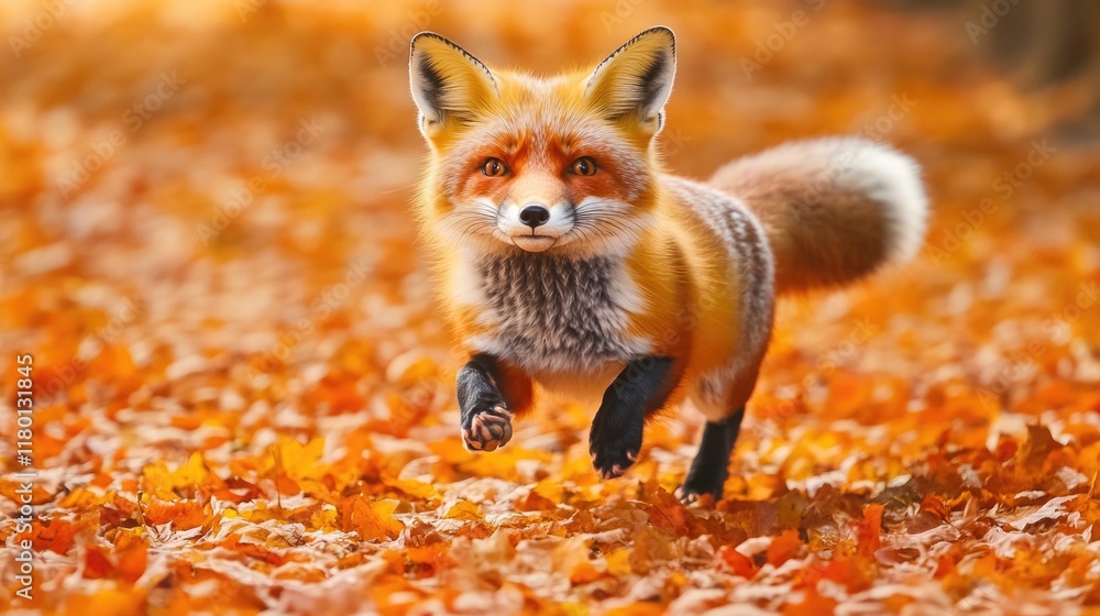 Poster a red fox running through a field of leaves
