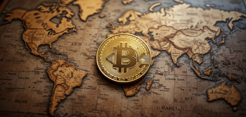 Naklejka premium A detailed close-up shows a Bitcoin token resting on an antique world map. The arrangement highlights the relationship between digital currencies and global finance