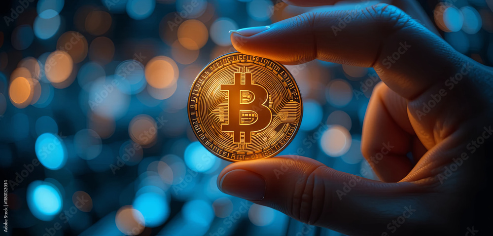 Aufkleber a hand is grasping a bitcoin, showcasing its intricate design. the background features blurred digit