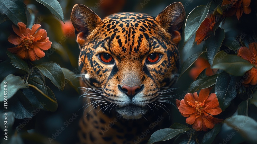 Poster a close-up shot of a leopard surrounded by colorful flowers