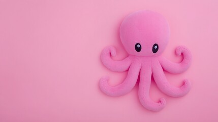 Pink octopus plush toy on a pink background, minimalistic design with copy space, stuffed animal for children&rsquo;s gift or nursery decor, cute and cheerful toy idea.

