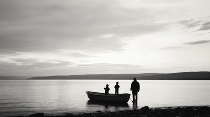 Silhouetted family by a small boat at sunset on a calm lake.