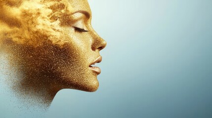  A woman's face covered in gold dust on a blue background