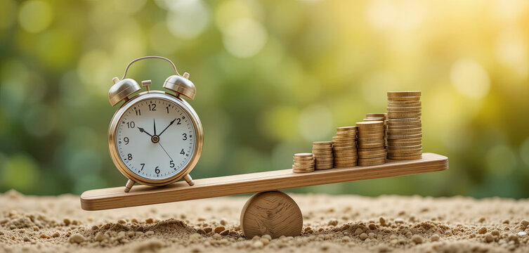 An alarm clock is balanced on a wooden seesaw with piles of coins on one side, symbolizing the relationship between time and wealth, set against a blurred green background