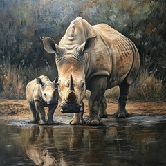 Fototapeta premium A portrait of a mother rhino holding her baby close, highlighting the strong bond between them