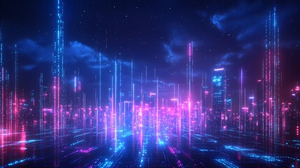 Obraz premium Futuristic cityscape with glowing data cables and abstract patterns. Generative AI.