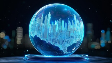 Naklejka premium Futuristic cityscape encapsulated in a glowing glass orb.