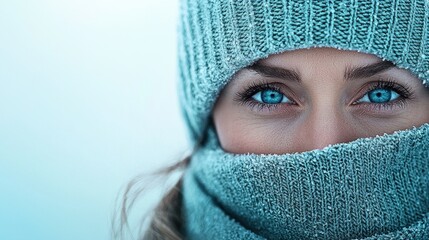 A woman with blue eyes wearing a blue hat and scarf