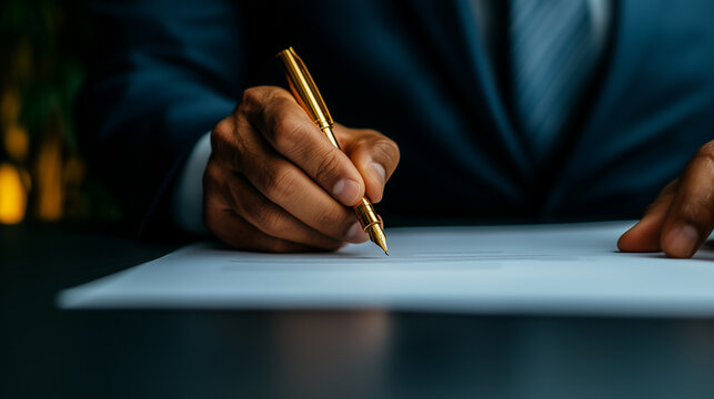 Close up de uma m&atilde;o masculina segurando uma caneta dourada e assinando um documento 