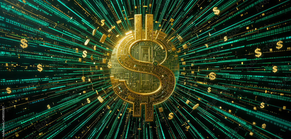 Poster a luminous golden dollar sign emerges centrally against a backdrop of cascading green binary code. t