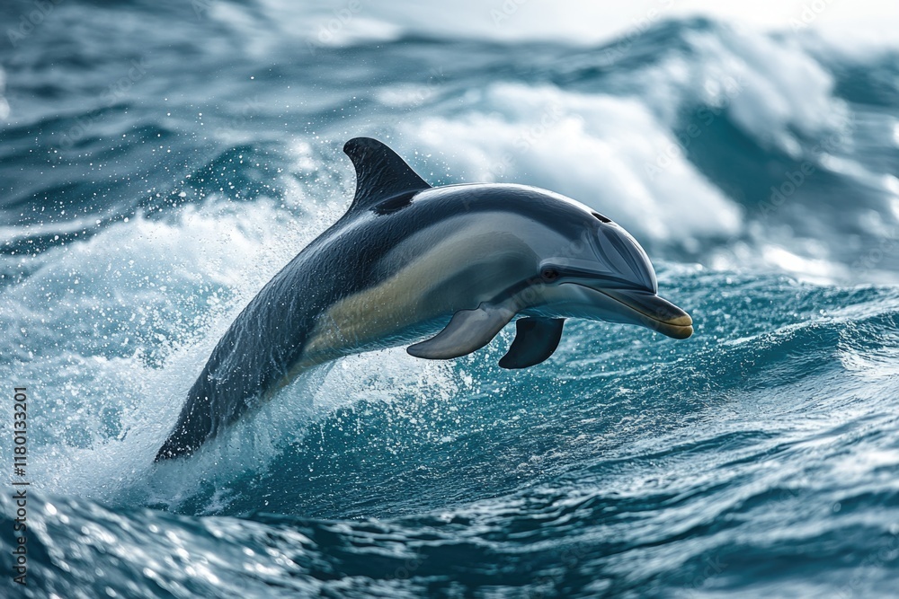 Poster a dolphin jumps out of the water with great force, creating a splash