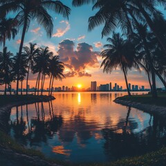 Obraz premium A vibrant Miami bay sunrise scene with sparkling water and warm hues, evoking tranquility and tropical elegance, perfect for travel promotions.