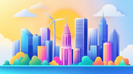 Vibrant city skyline with colorful buildings and wind turbines.