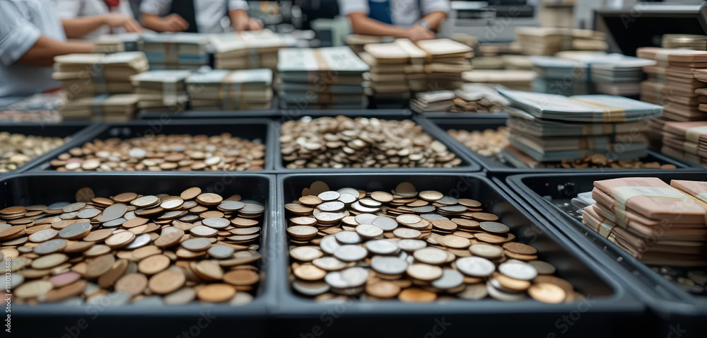 Poster several trays filled with various denominations of coins and bills are organized in a busy currency 