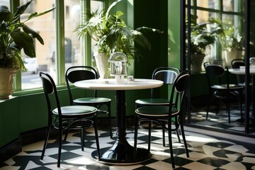 Stylish cafe interior featuring a round table, green chairs, lush plants, and a distinctive checkered floor