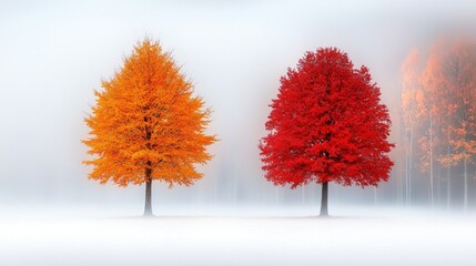 Two red and orange trees in the middle of a foggy field