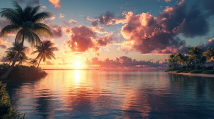 A vibrant Miami bay sunrise scene with sparkling water and warm hues, evoking tranquility and tropical elegance, perfect for travel promotions.