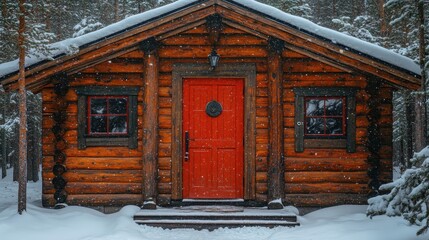 Fototapeta premium Charming entrance door to a wooden house in snowy Lapland, with snowflakes falling and pine trees in the background, winter serenity