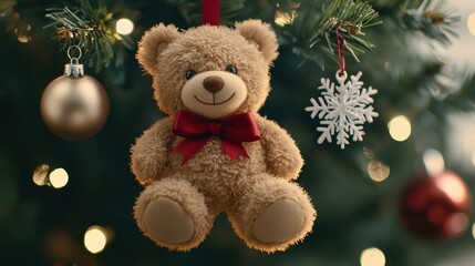 A  bear hanging from a christmas tree with ornaments