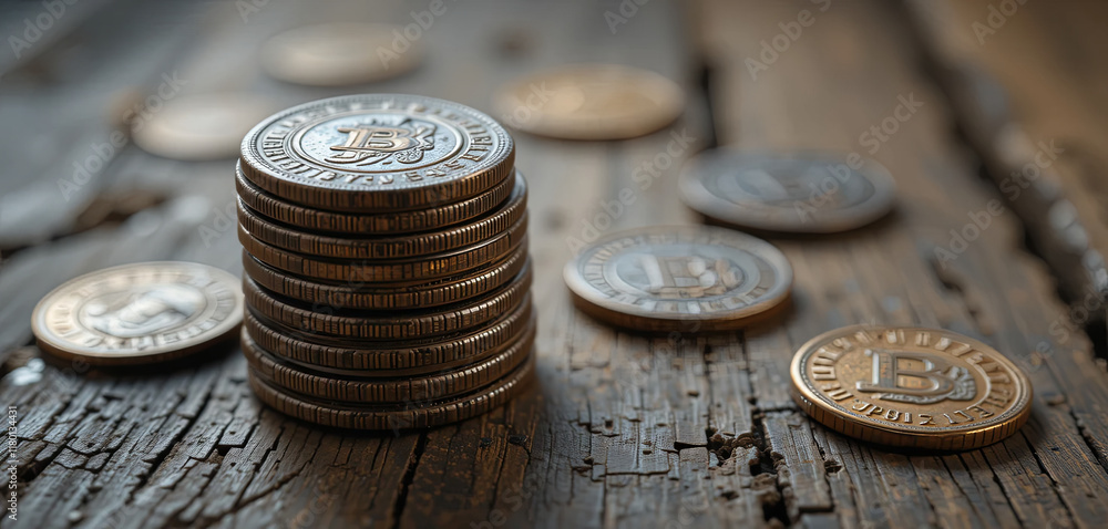 Poster a stack of shiny bitcoin coins sits prominently on a weathered wooden surface, surrounded by additio