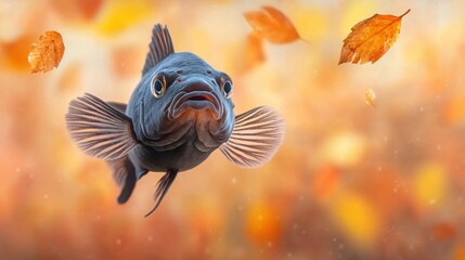 Obraz premium A fish that is flying through the air with leaves around it