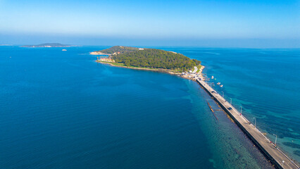 Aerial drone view of Urla district of Izmir, Turkey's third largest city. Iskele - Karantina island...