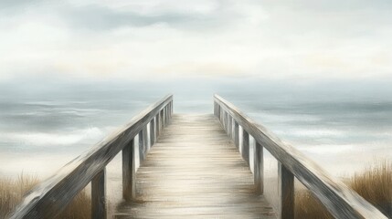 Obraz premium Serene beach boardwalk vanishing into misty ocean