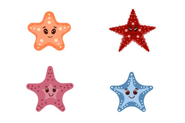 Cute starfish set for children background. Under the sea, water animal character, ocean fauna. Flat vector design.