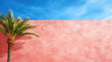 A palm tree in front of a pink wall with a blue sky