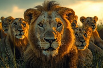 Group of lions relaxing in a green meadow