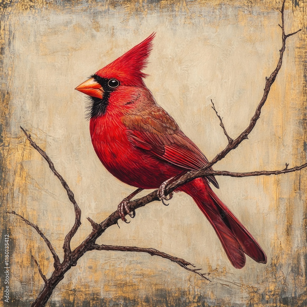 Poster a red bird sitting on a branch