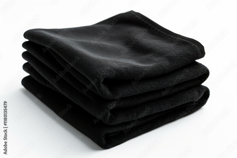 Poster soft black towels folded and stacked neatly on a white background, creating a simple yet elegant spa